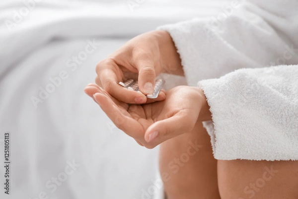 Fototapeta Young woman taking oral contraceptive pill in bedroom, closeup