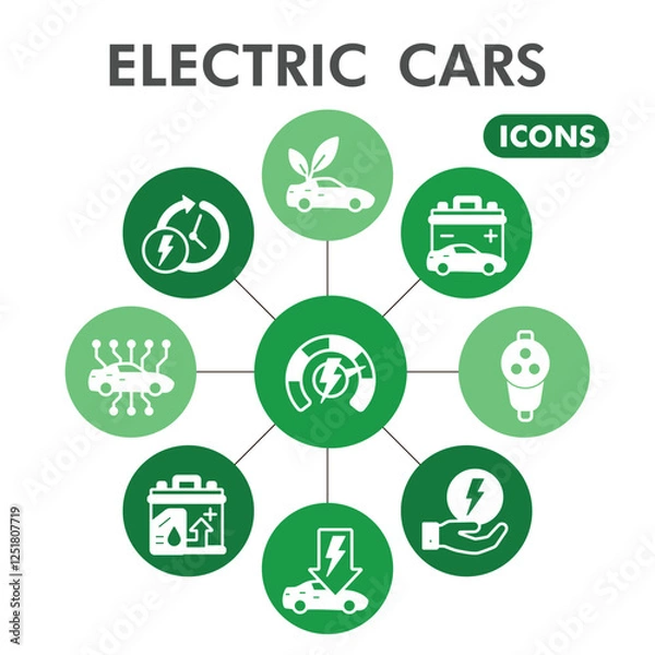 Fototapeta Electric car symbols collection or sketches. Energy effective theme bubble in glyph style signs for web and app. Vector graphics isolated on white background.