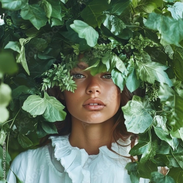 Fototapeta woman with serene expression surrounded by lush green leaves, embodying environmental awareness and natural beauty