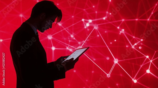 Fototapeta a businessman in a red cyber network environment using a tablet surrounded by glowing digital connections symbolizing data flow

