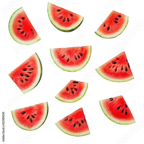 Fototapeta Watermelon seeds and juicy slices arranged on a Transparent background for a vibrant and fresh look, watermelon seedsisolated on PNG background