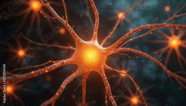 Obraz Illustration of nerve cells, neuron cell, sending electrical signals in brain. Neural activities for neuroscience. Brain signal communication, anatomy, system, nerve, neural connection and science.
