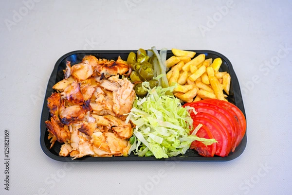 Fototapeta Lavash zurna doner kebab ( zurna  durum )  or shawarma sliced in plate isolated.  hatay usulu tavuk Et doner durum. Gobit ekmek arasi doner. Pilavustu iskender doner kebap. 