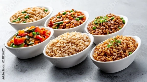 Fototapeta Six white bowls filled with different brown rice dishes, including vegetables and herbs, arranged on a textured gray surface.