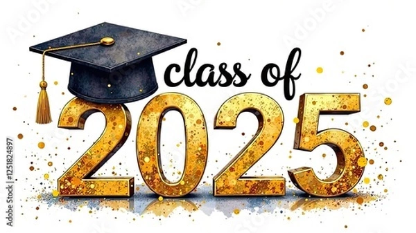 Fototapeta Gold-black text "Class of 2025" with graduation hat with tessel and gold confetti isolated on white background. Different color pastel ittustration. Theme of graduation concept