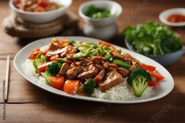 Fototapeta Delicious Stir-Fried Pork and Vegetables Plated for a Perfect Meal | Generative AI