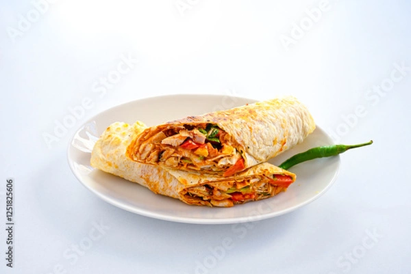 Fototapeta Lavash doner kebab ( soslu kasarli zurna doner durum )  or shawarma sliced in plate isolated.  Tavuk Et Doner Durum. Hatay Iskenderun usulu bazuka tavuk doner durum. 