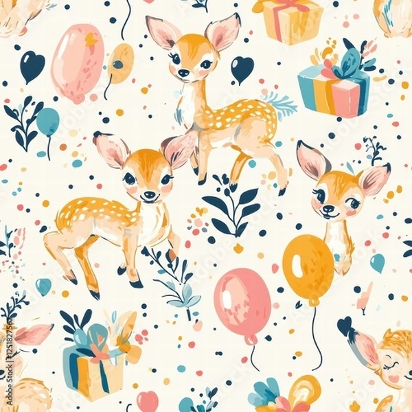Fototapeta Cute deer pattern with balloons and gifts designed for a festive celebration. Generative AI