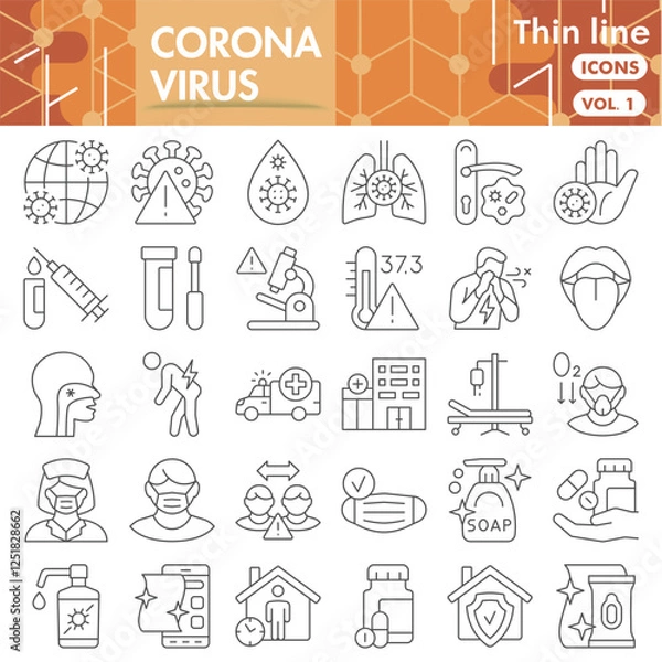 Fototapeta Corona virus symbols collection or sketches. coronavirus bar theme icons in thin line style signs for web and app. Vector graphics isolated on white background.