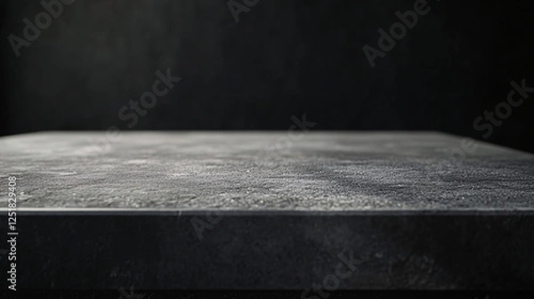 Fototapeta a dark stone countertop with a rough textured surface set against a moody black background with soft lighting
