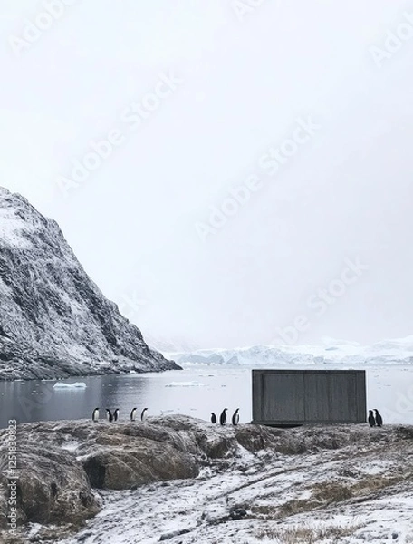 Fototapeta  penguins on the rocks in front of glaciers and snow-covered mountains