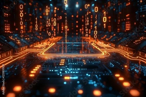 Fototapeta High-tech circuit board with intricate glowing orange and blue lines, surrounded by binary numbers hovering in the air