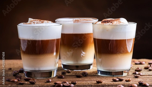 Obraz glasses of latte macchiato coffee on a wooden background