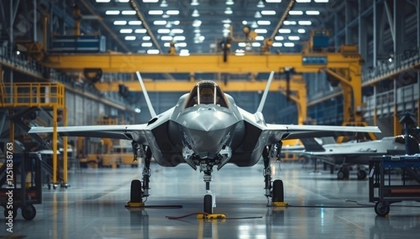 Fototapeta A sleek, gray fighter jet stands proudly in a large hangar, reflecting the bright lights overhead. The scene is powerful and industrial.