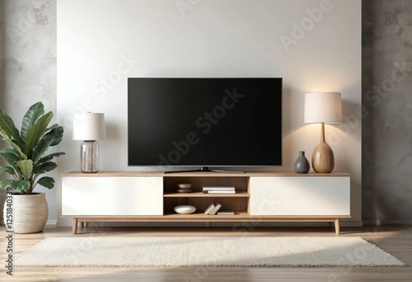 Fototapeta Modern wide screen TV stands on white cabinet against wall. Stylish furniture arrangement with lamps, plant creates comfy interior in minimal style. Empty screen mockup, perfect for content promotion.
