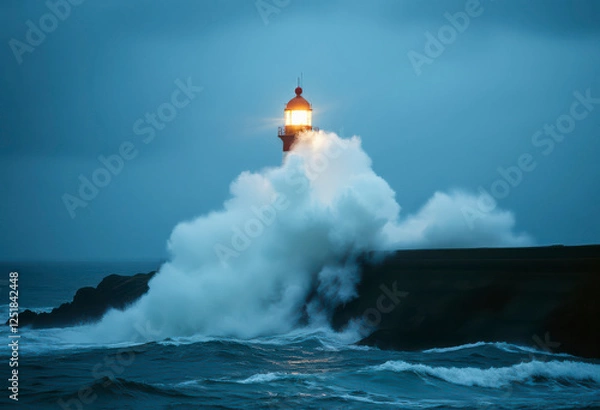 Obraz Huge waves crash against Penmon lighthouse during a storm, creating a dramatic spectacle of water and light at twilight.