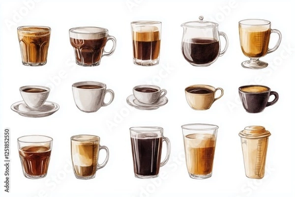 Fototapeta Collection of realistic coffee illustrations showcasing espresso, latte, cappuccino, and traditional brews, highlighting rich aroma, warm aesthetics, and caffeine culture, Generative AI