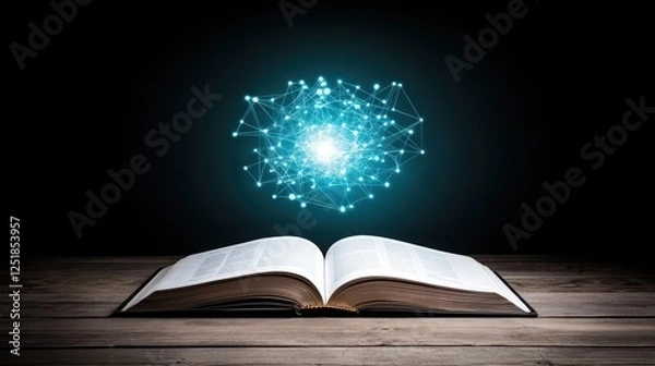 Fototapeta An open book with glowing ideas or data emerging above it in a dark setting.
