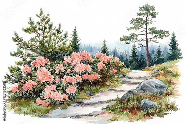Fototapeta Watercolor painting of a stone path lined with pink rhododendrons leading into a forest.