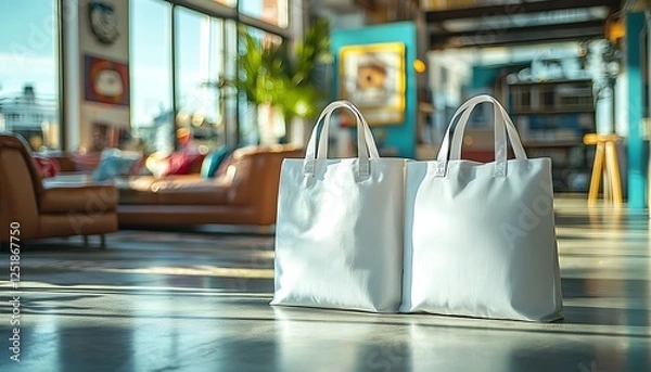 Fototapeta Two blank white tote bags displayed on a clean, minimalist backdrop, perfect for showcasing custom designs