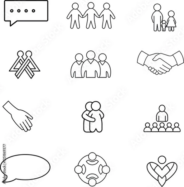 Fototapeta Community icon set. Containing people, friendship, social, diversity, village, relationships, support and community development icons. Solid icon collection on white.