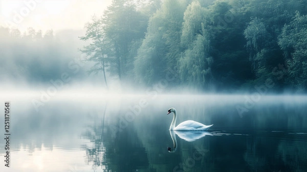Fototapeta A swan in the mist on the lake.