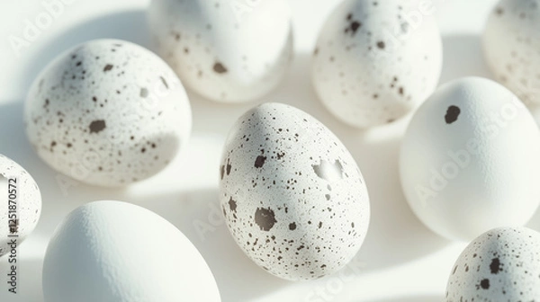 Fototapeta A minimalistic composition of white speckled eggs.