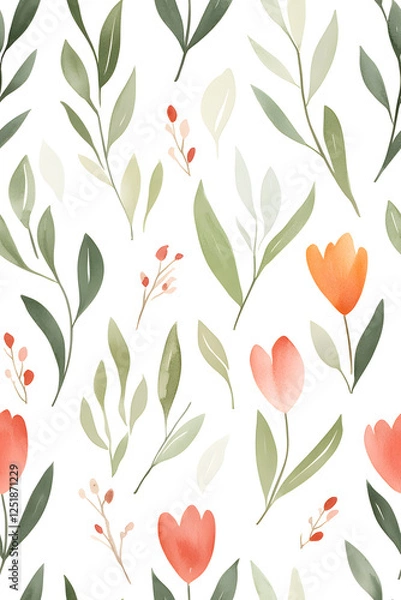 Fototapeta Watercolor seamless pattern of cute minimalistic tulips. Red and green colors isolated on white backdrop