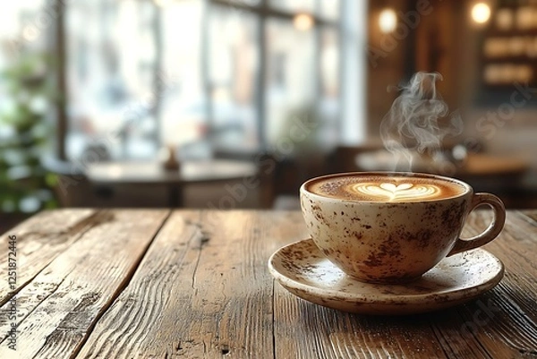 Fototapeta Wooden tabletop with a steaming cup coffee in focus, set against a blurred cafe window scene