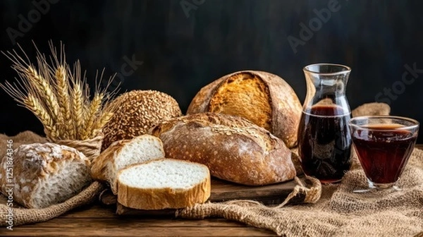 Fototapeta Display of bread varieties and wine, symbolizing the Eucharist in Christian worship during Maundy Thursday. This sacred composition reflects spiritual significance