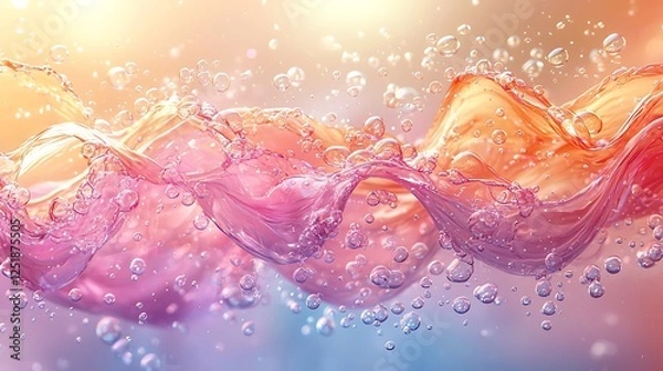 Fototapeta Abstract swirling liquid with floating air bubbles, creating a vibrant, dynamic effect against a gradient background
