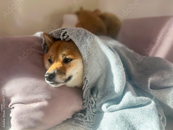 Fototapeta Pensive Shiba Inu with a sorrowful expression, head nestled under a blanket. The mood is reflective and contemplative. High quality close-up photo. copy space available.