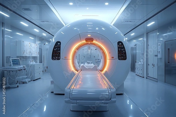 Fototapeta Advanced MRI or CT scan machine in a clean hospital lab environment with space for text