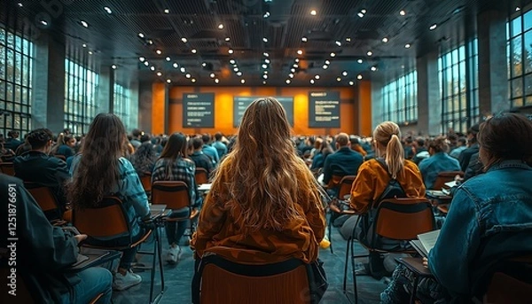 Fototapeta Audience engaged at a professional conference or event in a well-lit modern space