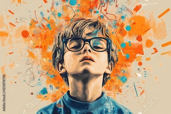 Fototapeta Abstract portrait of a boy with glasses, ADHD conceptual art, neurodivergent mind, imaginative brain, creative explosion, cognitive overload, orange and blue artistic background