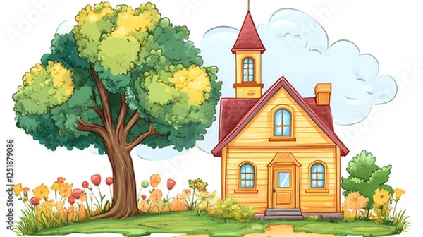 Obraz house with pencils and flowers AI generative 