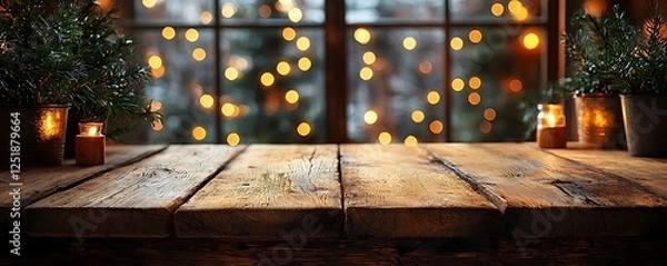 Fototapeta Blurred bokeh lights behind a rustic wooden table, evoking a cozy and warm restaurant ambiance