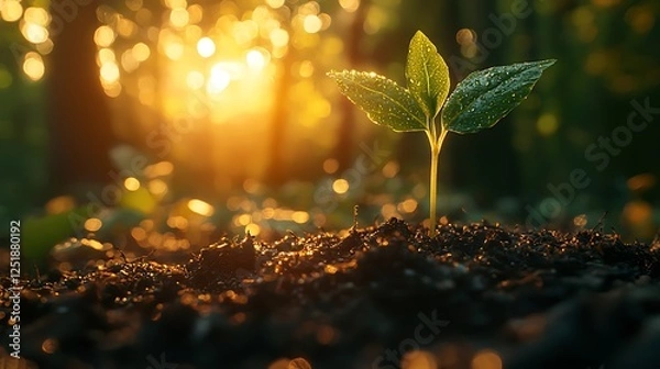 Fototapeta Bright green sprout emerging from moist soil with golden sunlight streaming through blurred forest leaves in the background