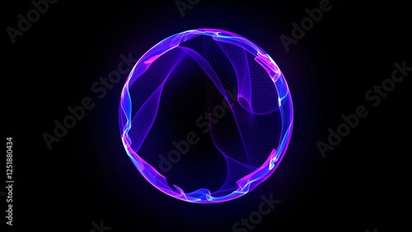 Fototapeta Neon glowing futuristic 3d sphere. Abstract purple and blue gradient sphere of vibrant particles and waves. Technology, innovations, and Artificial Intelligence. Virtual AI assistant.