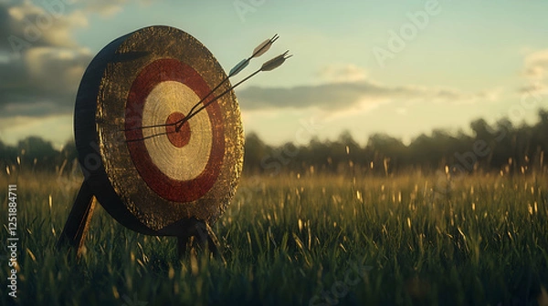 Fototapeta Two arrows hit a bullseye on a straw target in a field.
