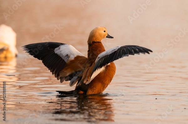 Obraz Ruddy Shelduck (Tadorna ferruginea) on the lake at first light of morning