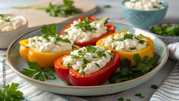 Obraz Cottage cheese stuffed peppers roasted to perfection with fresh herbs and vibrant colors served on a plate
