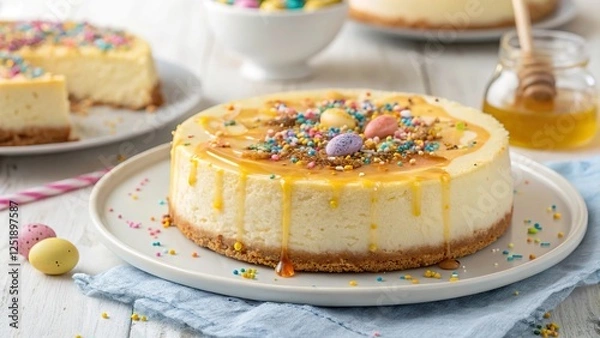 Obraz Delicious easter cottage cheese cheesecake drizzled with honey and topped with colorful sprinkles and mini eggs