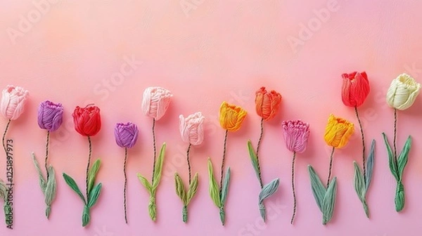 Obraz Colorful knitted tulips on pink background celebrating international women's day march 8 with vibrant floral art concept