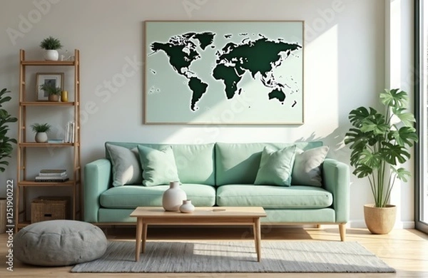 Fototapeta Contemporary interior features mint sofa map art and plant near window. Styled living room with decor bookshelf coffee table and pouf. Modern home design for eco lifestyle.