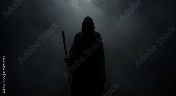 Fototapeta Shadowy Figure with Staff - Mysterious hooded figure, shrouded in darkness, holding a staff, symbolizing mystery, fear, secrecy, power, and the unknown.