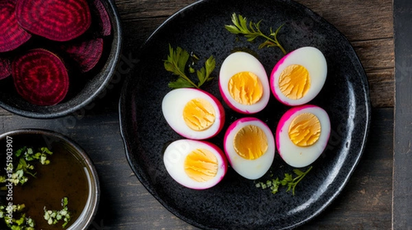Fototapeta A collection of pink pickled eggs is artfully arranged on a dark plate. Fresh herbs and sliced beets complement the presentation, creating an inviting atmosphere for a flavorful dish