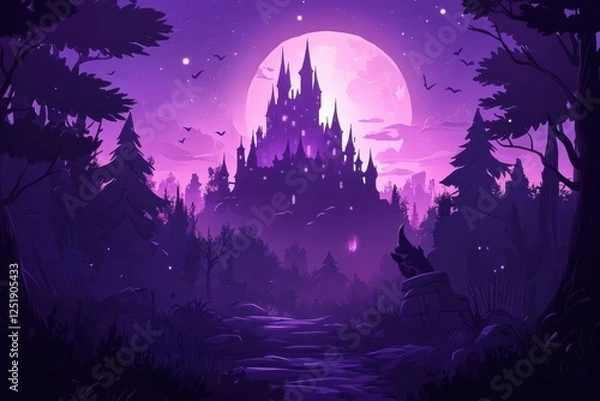 Obraz Purple fairytale castle nestled in a dark enchanted forest