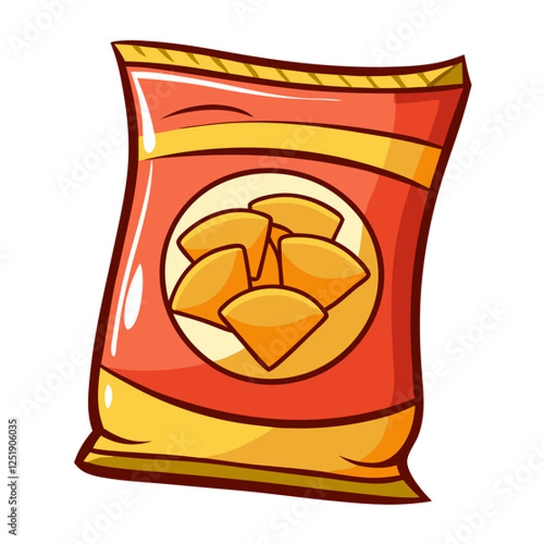 Fototapeta Brightly colored cartoon illustration of a chip bag, prominently featuring a circular design with golden crispy chips inside. The package showcases a playful artistic style
