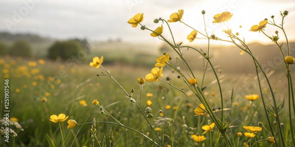 Fototapeta Wildflowers in sunlit meadow swaying in gentle breeze on warm summer afternoon